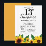 Sunflower Surprise 13th Birthday Invitation Kaart<br><div class="desc">Zonnebloem Surprise 13e verjaardag uitnodiging. Bloemen en witte achtergrond.  retro. Kinder meisjesverjaardag. 12e 13e 15e 16e 18e 20e 21e 30e 40e 50e 60e 70e 80e 90e 100e,  alle leeftijden. Printbaar digitaal. Voor verdere aanpassing klikt u op de knop "Aanpassen" en gebruikt u onze ontwerptool om deze sjabloon te wijzigen.</div>