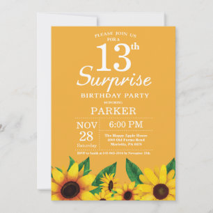 Sunflower Surprise 13th Birthday Invitation Kaart