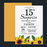 Sunflower Surprise 15e verjaardag uitnodiging<br><div class="desc">Zonnebloem Surprise 15e verjaardag uitnodiging. Bloemen en witte achtergrond.  retro. Kinder meisjesverjaardag. 12e 13e 15e 16e 18e 20e 21e 30e 40e 50e 60e 70e 80e 90e 100e,  alle leeftijden. Printbaar digitaal. Voor verdere aanpassing klikt u op de knop "Aanpassen" en gebruikt u onze ontwerptool om deze sjabloon te wijzigen.</div>