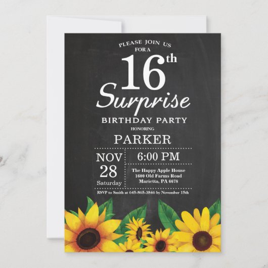 Sunflower Surprise 16e verjaardag uitnodiging (Voorkant)