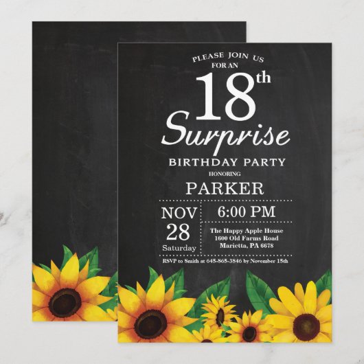 Sunflower Surprise 18th Birthday Invitation Kaart (Voorkant / Achterkant)