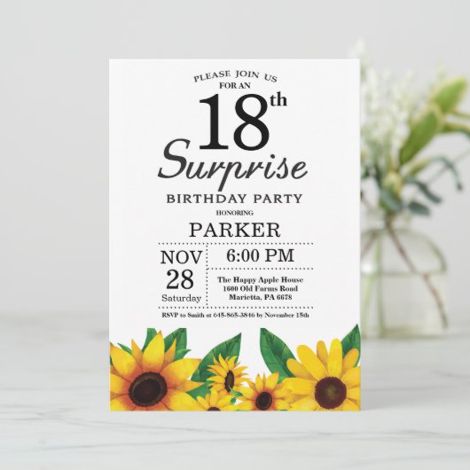 Sunflower Surprise 18th Birthday Invitation Kaart (Staand voorkant)