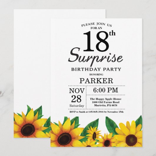 Sunflower Surprise 18th Birthday Invitation Kaart (Voorkant / Achterkant)
