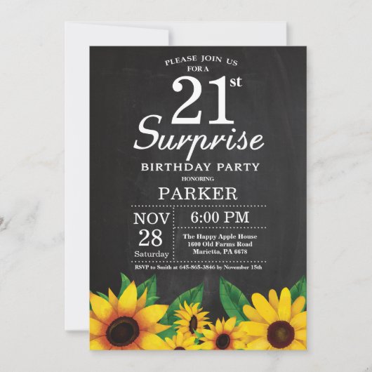 Sunflower Surprise 21st Birthday Invitation Kaart (Voorkant)