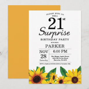 Sunflower Surprise 21st Birthday Invitation Kaart