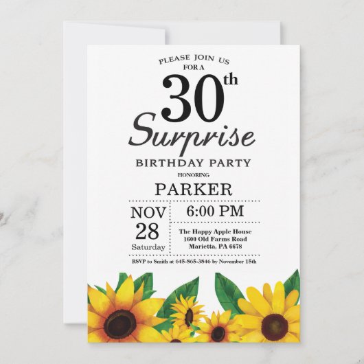Sunflower Surprise 30th Birthday Invitation Kaart (Voorkant)
