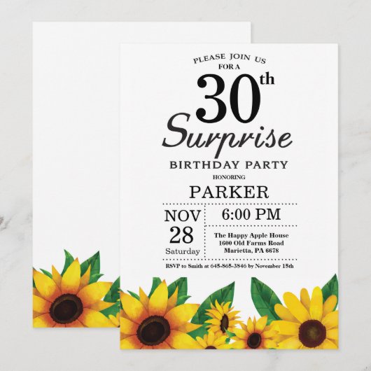 Sunflower Surprise 30th Birthday Invitation Kaart (Voorkant / Achterkant)