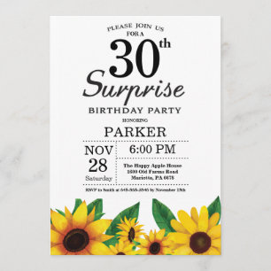Sunflower Surprise 30th Birthday Invitation Kaart