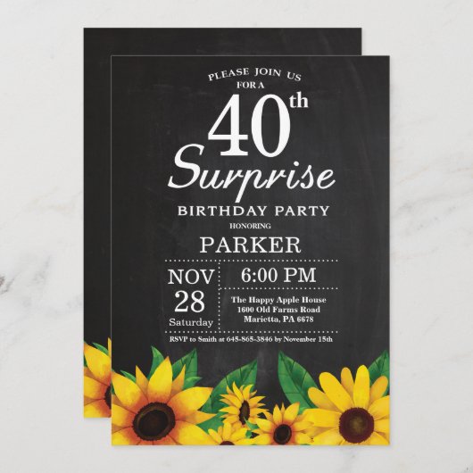 Sunflower Surprise 40th Birthday Invitation Kaart (Voorkant / Achterkant)