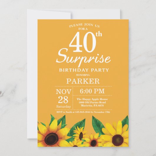 Sunflower Surprise 40th Birthday Invitation Kaart (Voorkant)