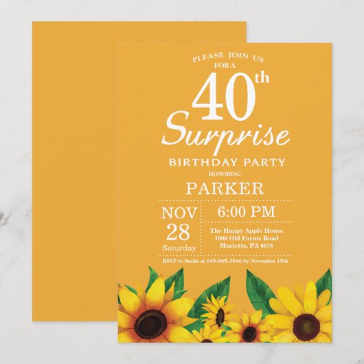 Sunflower Surprise 40th Birthday Invitation Kaart (Voorkant / Achterkant)