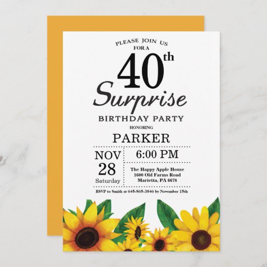 Sunflower Surprise 40th Birthday Invitation Kaart (Voorkant / Achterkant)