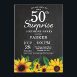 Sunflower Surprise 50th Birthday Invitation Kaart<br><div class="desc">Zonnebloem Surprise 50ste verjaardag uitnodiging. Bloemen en krijtbord achtergrond.  retro. Verjaardag vrouwen. 12e 13e 15e 16e 18e 20e 21e 30e 40e 50e 60e 70e 80e 90e 100e,  alle leeftijden. Printbaar digitaal. Voor verdere aanpassing klikt u op de knop "Aanpassen" en gebruikt u onze ontwerptool om deze sjabloon te wijzigen.</div>