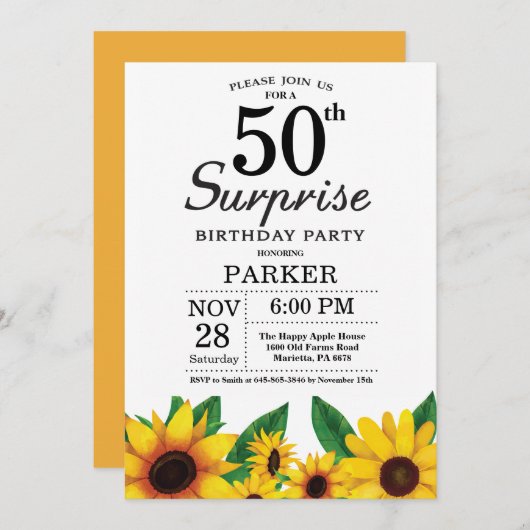 Sunflower Surprise 50th Birthday Invitation Kaart (Voorkant / Achterkant)
