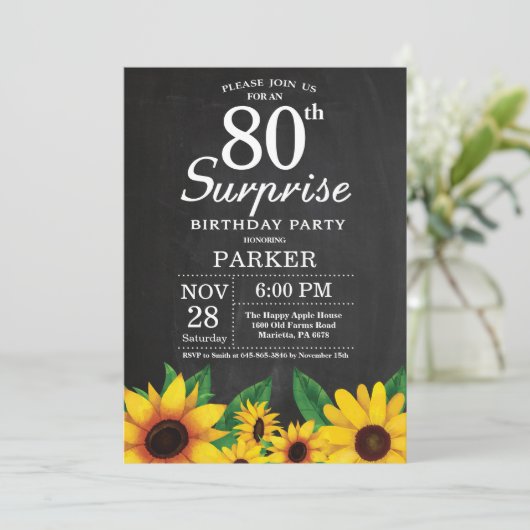 Sunflower Surprise 80th Birthday Invitation Kaart (Staand voorkant)