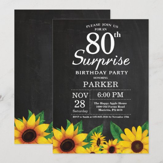 Sunflower Surprise 80th Birthday Invitation Kaart (Voorkant / Achterkant)