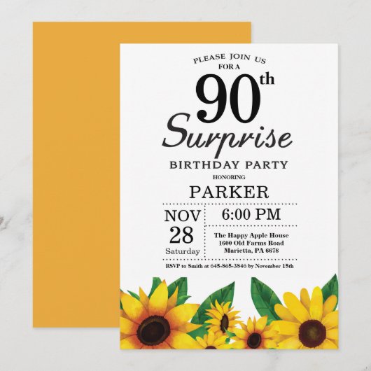 Sunflower Surprise 90th Birthday Invitation Kaart (Voorkant / Achterkant)