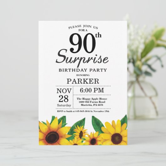 Sunflower Surprise 90th Birthday Invitation Kaart (Staand voorkant)