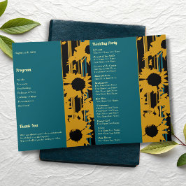 Sunflower Teal Blue Gold Modern Folded Wedding Programma