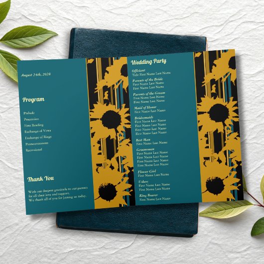 Sunflower Teal Blue Gold Modern Folded Wedding  Programma
