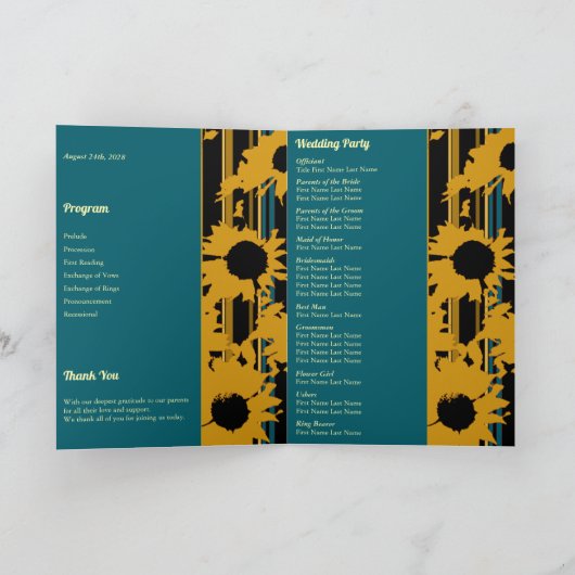 Sunflower Teal Blue Gold Modern Folded Wedding  Programma (Binnen)