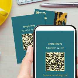 Sunflower Teal Blue Gold Modern QR Code Wedding RSVP Kaartje