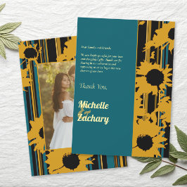 Sunflower Teal Blue Gold Modern Wedding Bedankkaart