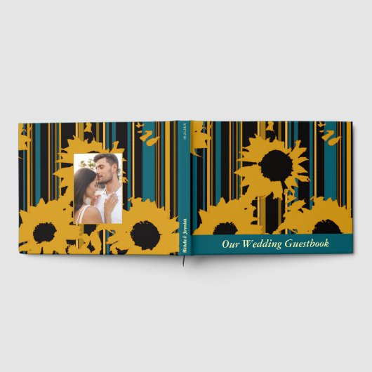Sunflower Teal Blue Gold Modern Wedding Gastenboek (Volledig)