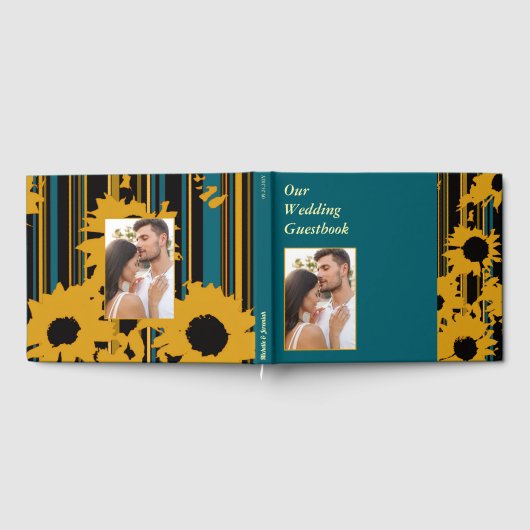 Sunflower Teal Blue Gold Modern Wedding Gastenboek (Volledig)