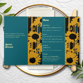 Sunflower Teal Blue Gold Modern Wedding Menu