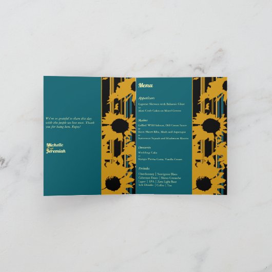 Sunflower Teal Blue Gold Modern Wedding Menu (Binnen)