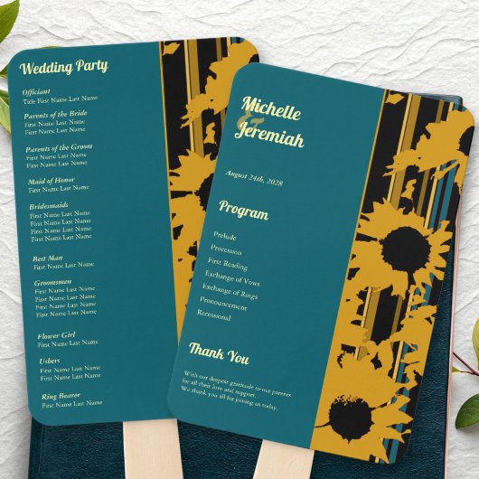 Sunflower Teal Blue Gold Modern Wedding Program Handwaaier