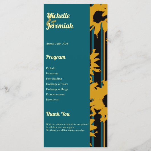 Sunflower Teal Blue Gold Modern Wedding Programmakaart (Voorkant)