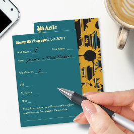 Sunflower Teal Blue Gold Modern Wedding RSVP Kaartje