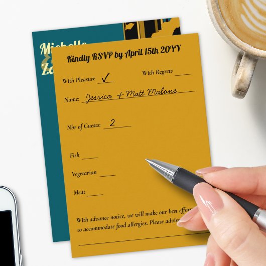 Sunflower Teal Blue Gold Modern Wedding RSVP Kaartje