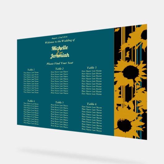 Sunflower Teal Blue Gold Modern Wedding Seat Chart Acryl Bord (Hoek)