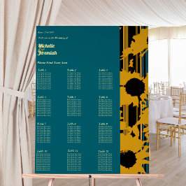 Sunflower Teal Blue Gold Modern Wedding Seat Chart Acryl Bord