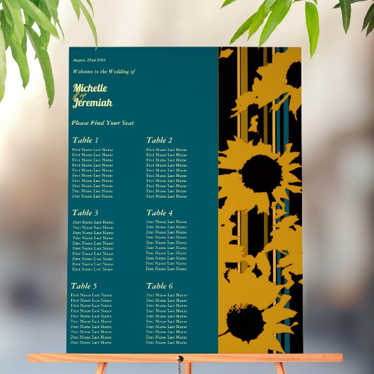Sunflower Teal Blue Gold Modern Wedding Seat Chart Acryl Bord