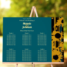Sunflower Teal Blue Gold Modern Wedding Seat Chart Acryl Bord