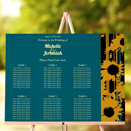 Sunflower Teal Blue Gold Modern Wedding Seat Chart Acryl Bord