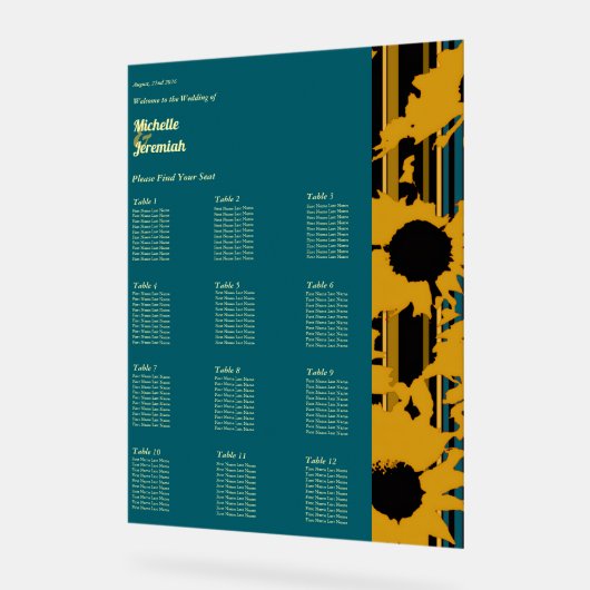 Sunflower Teal Blue Gold Modern Wedding Seat Chart Acryl Bord (Hoek)