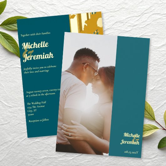 Sunflower Teal Blue Modern Wedding Gold Folie Uitnodiging