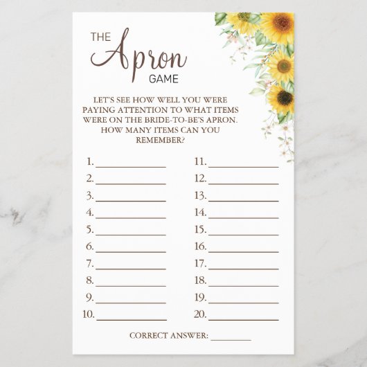 Sunflower The Apron Bridal shower game card Flyer (Voorkant)