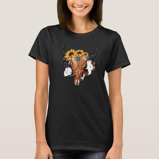 Sunflower Turquoise Boho Bull Skull Rodeo Western  T-shirt (Voorkant)
