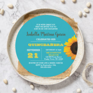 Sunflower Turquoise Round Quinceañera Uitnodiging