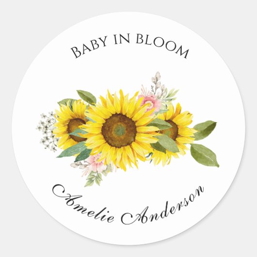 Sunflower Watercolor Pink Floral Baby Shower Ronde Sticker (Voorkant)