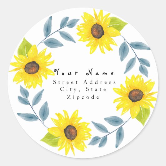 "Sunflower Waterverf Wreath"-adreslabel Ronde Sticker (Voorkant)