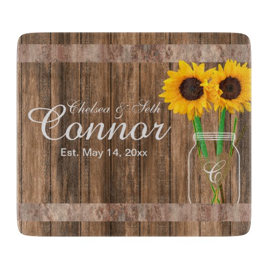 Sunflower Wedding Barn Wood Mason Jar Snijplank (Voorkant)