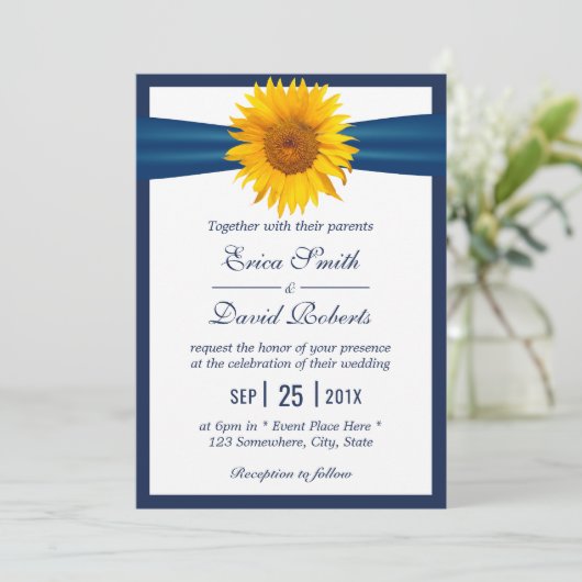 Sunflower Wedding Elegant Navy Blue Ribbon minima Kaart (Staand voorkant)