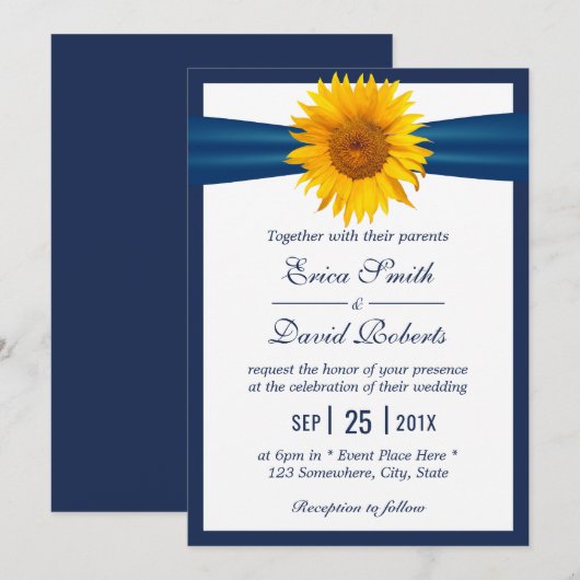 Sunflower Wedding Elegant Navy Blue Ribbon minima Kaart (Voorkant / Achterkant)